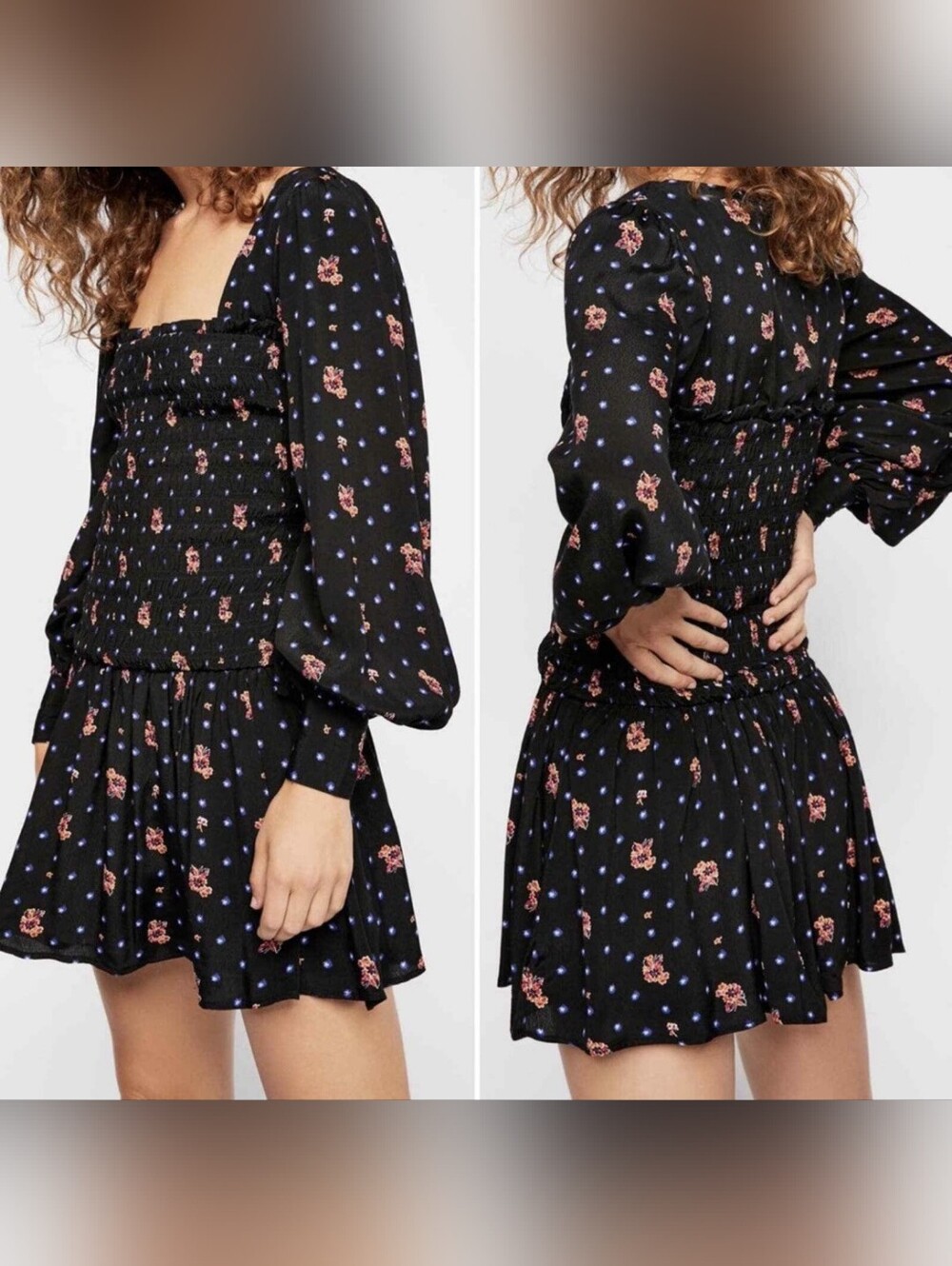 Free People Two Faces Black Floral Smocked Mini Dress